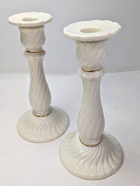 Vintage Lenox Style Ivory Porcelain 8” Swirl Candlestick Holders Heavy Gold Trim